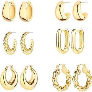 6 Pairs 14K‎ Gold Hoop Earrings for Women Lightweight Chunky Hoop Earrings